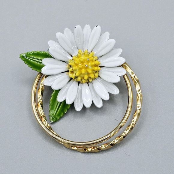 Daisy Flower Brooch Vintage Enamel Double Circle 10k Gold Plated 3D Jewelry - Picture 7 of 9
